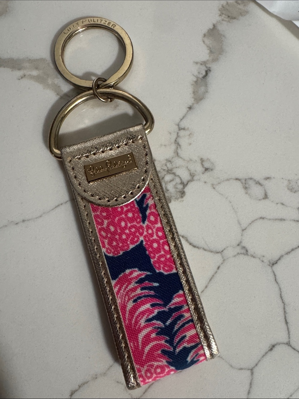 Lilly Pulitzer Pink & Navy Fabric Key Fob with Gold Hardware Accent